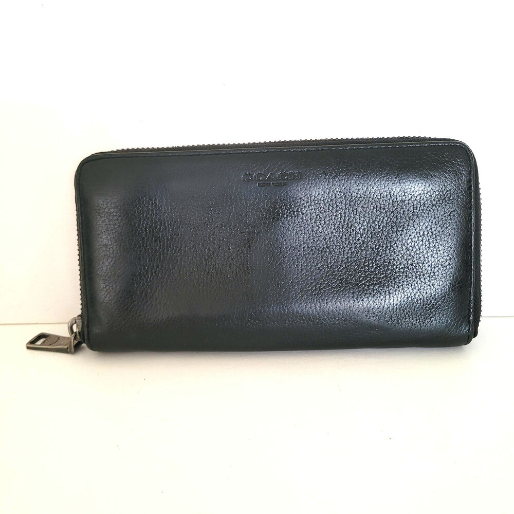 Coach Leather Wallet Solid Black Zip Around Large‎ Clutch Classic Logo